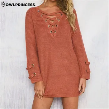 

OWLPRINCESS Women's Sweater Long Sleeve V Neck Lace Up Warm Black Pullover Long Sweater Femme Fashion Knitwear