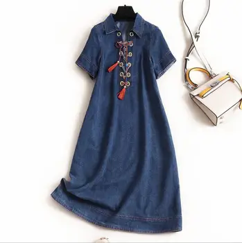 

New European and American women's dresses for spring 2020 Short sleeve lapel Cross strap Fashionable denim dress