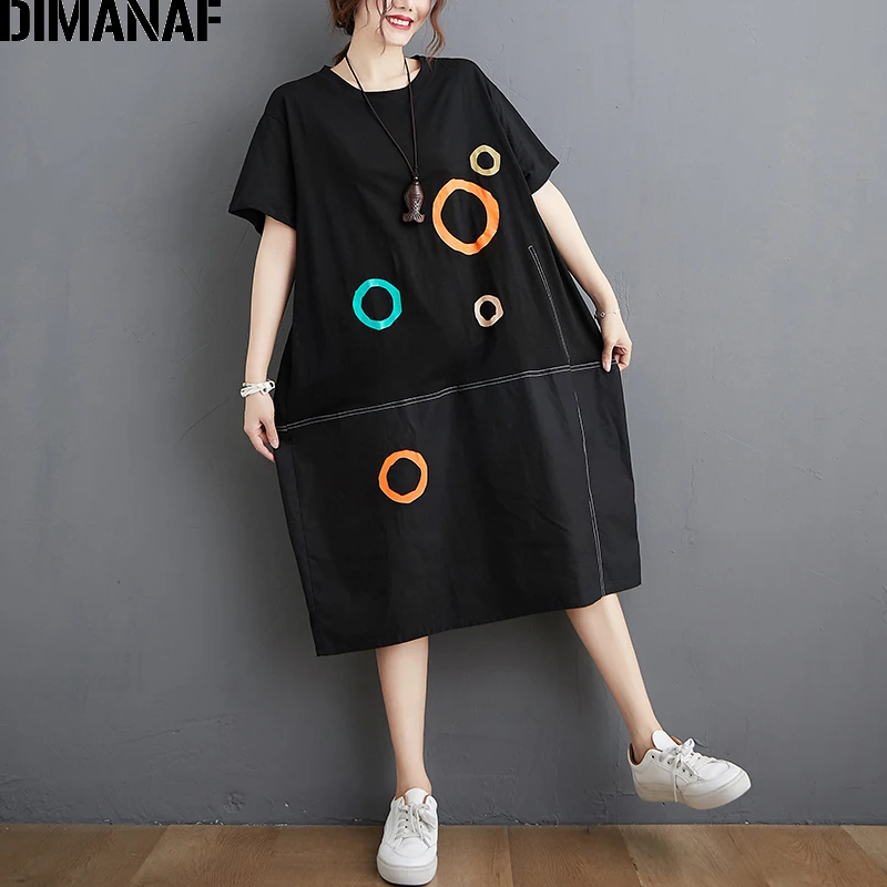 

DIMANAF Summer Plus Size Dress Women Clothing Fashion Lady Vestidos Print Spliced Female Sundress Loose Cotton Black Knee-Length