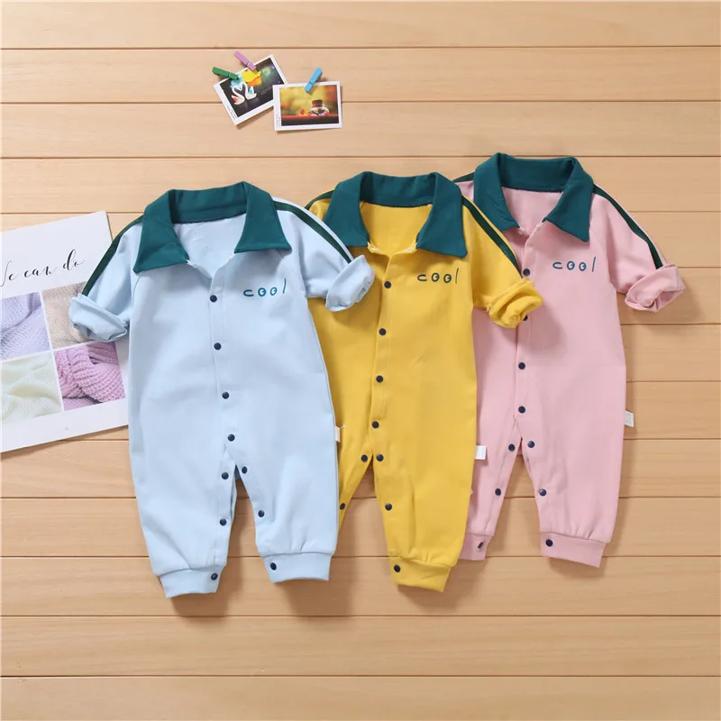 

0-2-Year-Old New Style Autumn Clothing Knitted Jumpsuit Multi-color Fold-down Collar Romper Male Baby Pure Cotton Yarn Clothes f