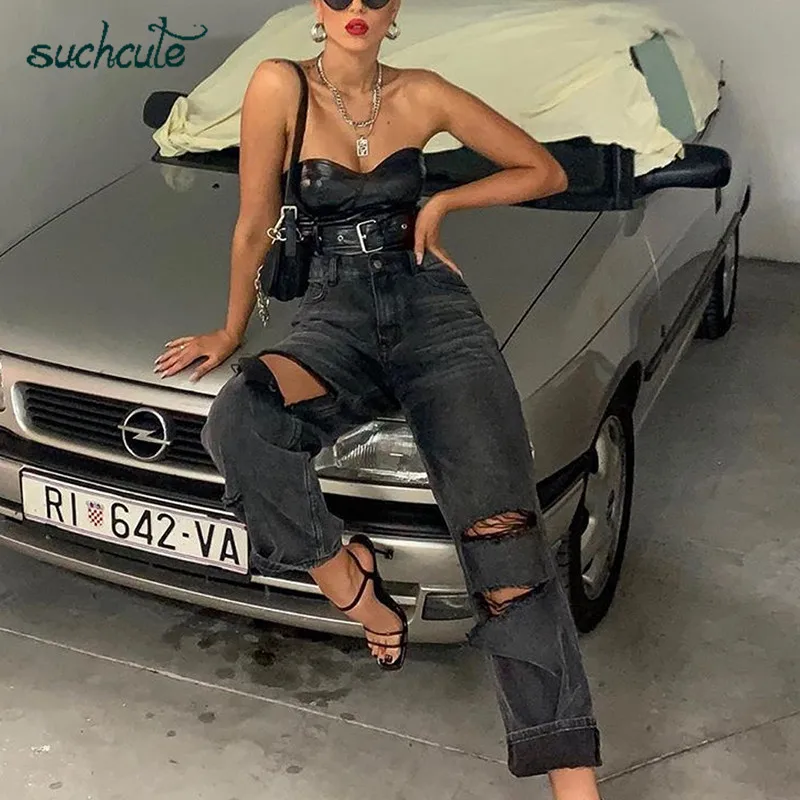 SUCHCUTE Hole Jeans Women Wide Leg Denim Pants Plus Size Punk Korean Style Trouser Casual Korean Style Harajuku Female Joggers