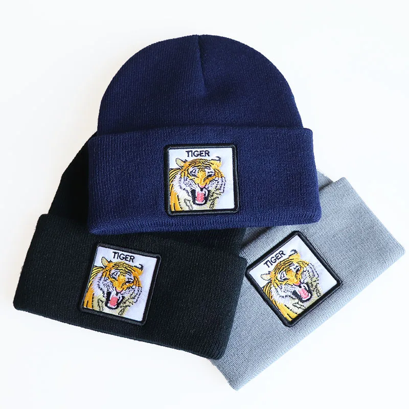 

2019 animal tiger shark embroidery knit cap head cap embroidered knit ski hat wool hat outdoor warm knit hat Harajuku knit hat