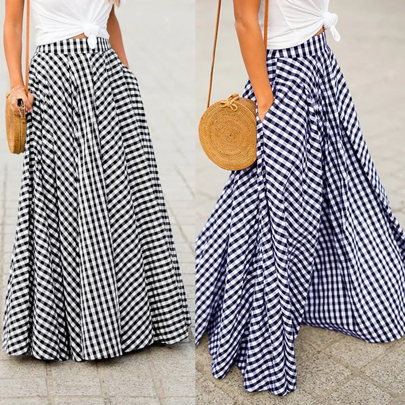 

Women's Skirts 2020 ZANZEA Vintage Plaid Check Long Skirt Zipper Pleated Faldas Bohemian Jupe Femme Casual Pockets Maxi Skirts