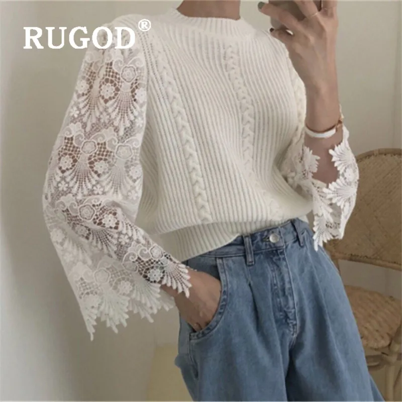 RUGOD корейский стиль Шикарный элегантный вязаный пуловер женский свитер с кружевными рукавами Зимние Топы для женщин Мода