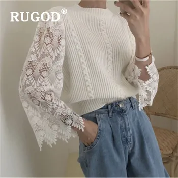 

RUGOD New Korean Style Chic Elegant Knitted Pullover Ladies Lace Sleeve Sweater Winter Tops For Women Fashion 2019