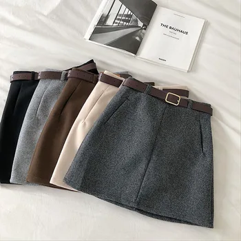 

2020 Spring New Retro Temperament High Waist A-shaped Office Skirt Ladies with Belt Wool Mini Skirt