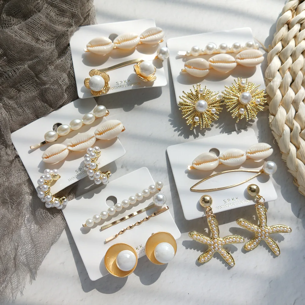 

The Hot Imitation Pearls Barrette Ocean Series Rhinestone Hair Clips For Women Europe And America Handwork Hair Accessories