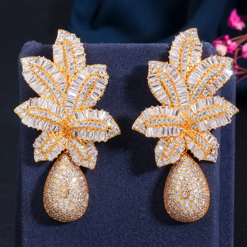 CWWZircons, 3 тона, золотые, Роскошные, с большим листом, Висячие, с микро кубическим цирконием, вымощенные, Naija, свадебные, вечерние серьги для женщин, CZ644