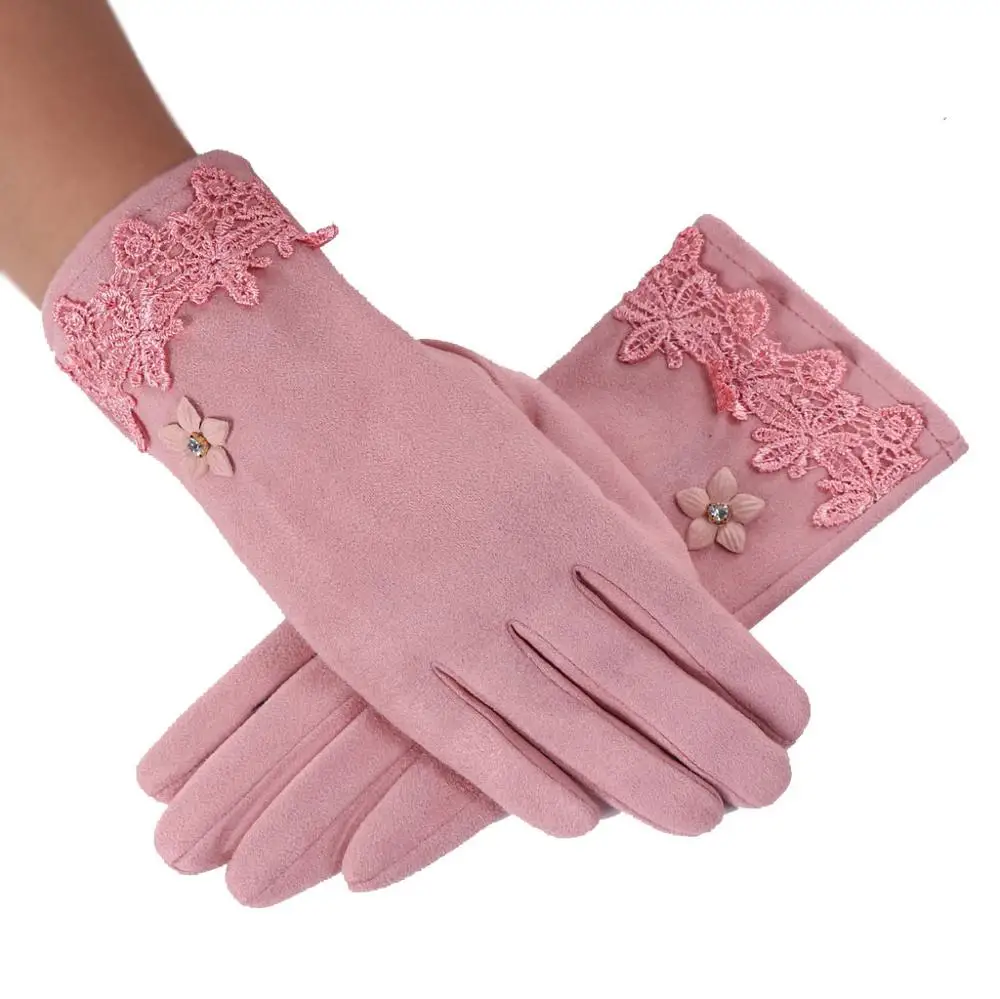 Lace Flower Pink Женские перчатки бархатные сохраняющие тепло перчатки для сенсорного экрана ветрозащитные зимние перчатки варежки перчатки для велоспорта guantes muje - Цвет: Lace Flower Pink