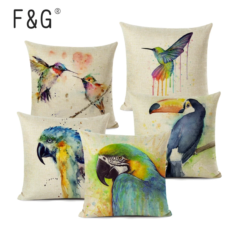 

Watercolor Bird Cushion Cover Stylish Parrot Hummingbird Decorative Pillows Linen Square Home cojines decorativos para sof