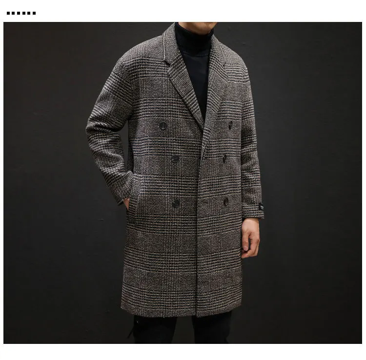 Mens Wool Coats and Jackets Casual Double Breasted Winter Houndstooth Jacket Men Turn-down Collar Long Woollen Wind Coat