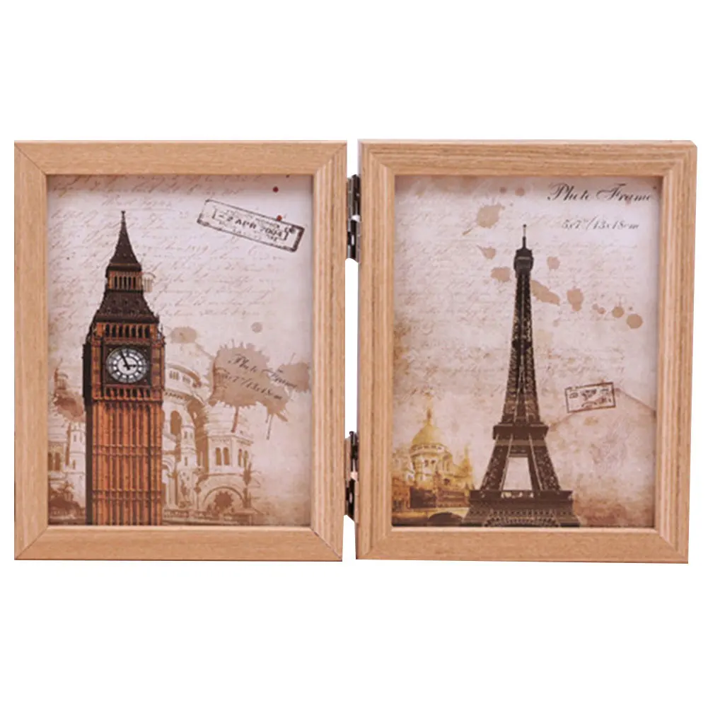 

Tri-fold Wooden Photo Frame Folding Retro Tabletop Decoration for Home Office XH8Z