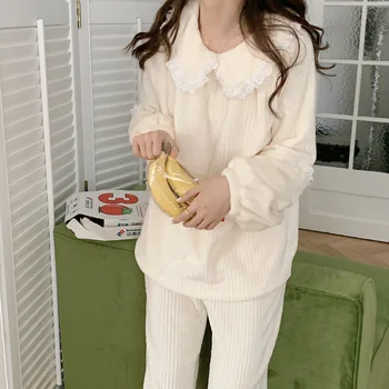 

white warm soft flannel pajamas set women sleepwear winter home set top pants pijamas 2 pcs striped home clothes fancy lace Y212