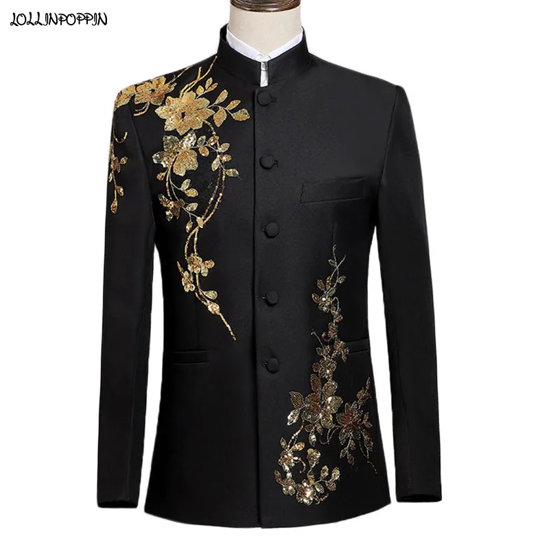 

Floral Men Sequin Suit Jacket Stand Collar Chinese Style Tunic Jackets Stage Performance Costume Single Breasted Coat