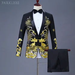 Luxury Gold Embroidery Black Suit Men Party Wedding Suits Men Shawl Collar Tuxedo Suit (Jacket+Pants) Stage Host Singer Clothes
