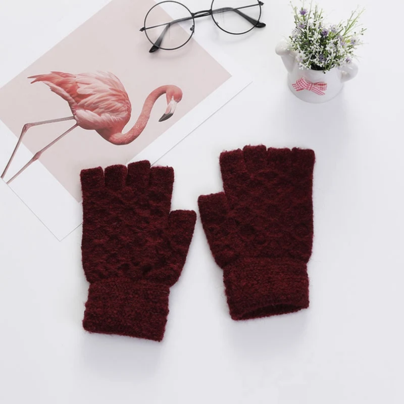 Unisex Warm Men Women Solid Winter Knitted Fingerless Stretchy Elastic Knitted Half Finger Thermal Gloves - Цвет: RD