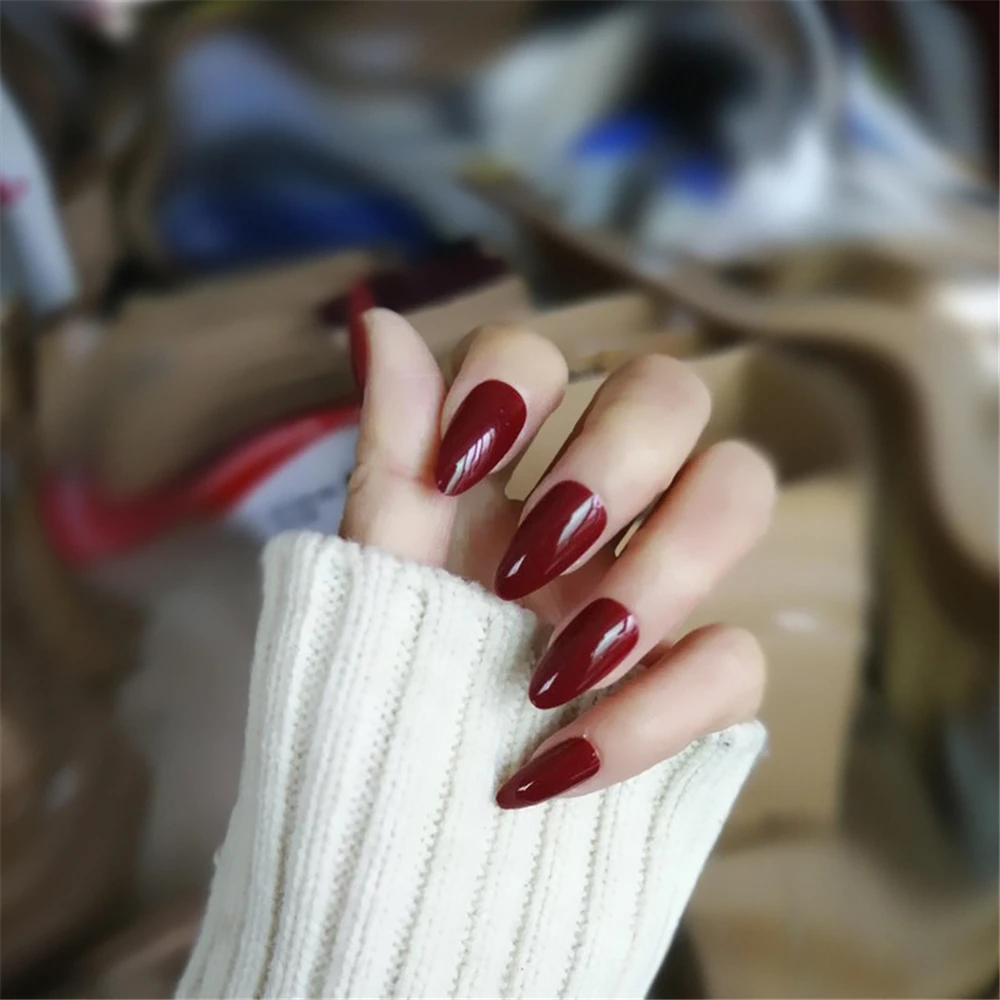 24 pcs Medium and Long Style Pointed Fake Nails Detachable Artificial Solid Color Nails Hot Sale 5
