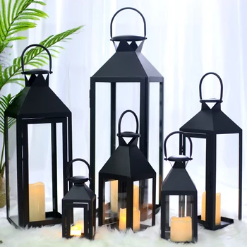 

Glass Iron Windproof Wind Lamp Candle Lantern Metal Courtyard Outdoor Large Black Candle Holder Garden Candlestick Decor FC095