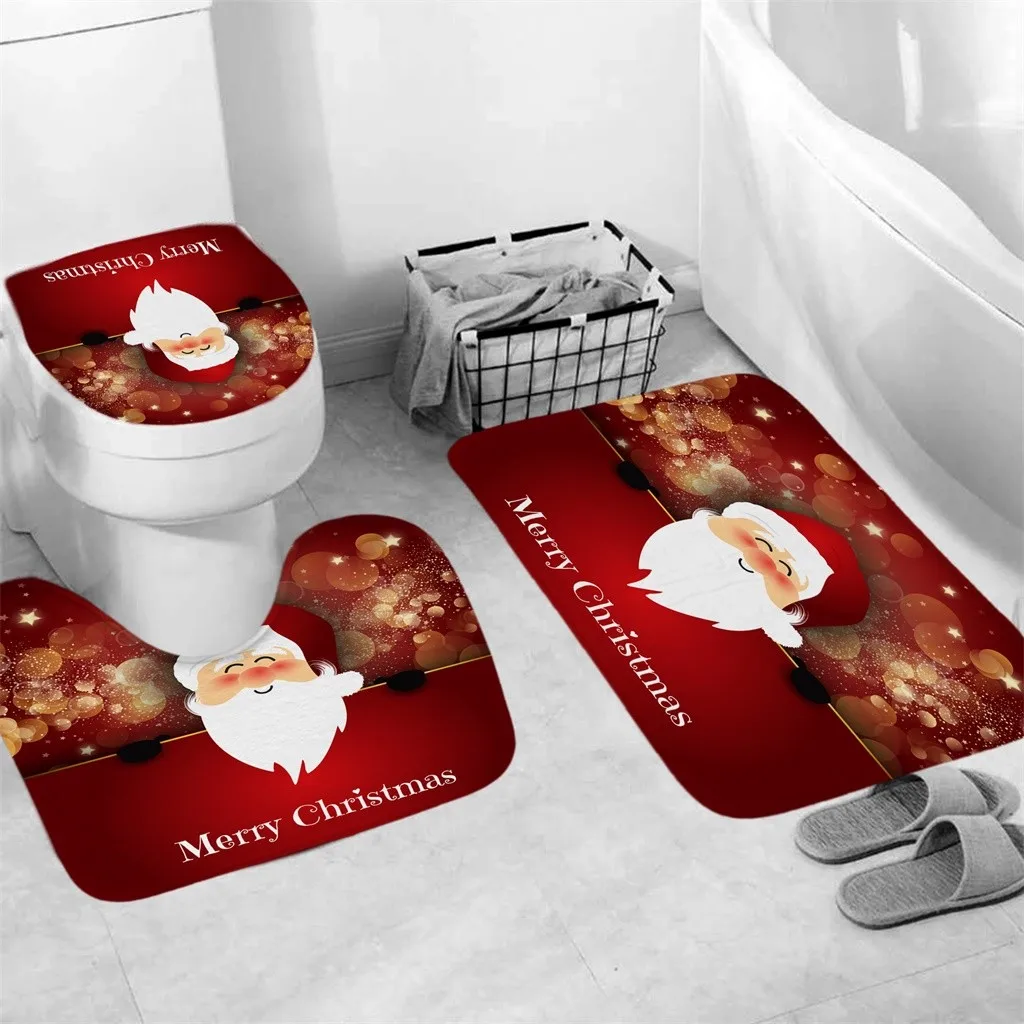 C 3Pcs Christmas shower Curtain Floor mat bathroom mat toilet Polyester seat Bathroom Anti-slip Carpet Rug Toilet Cover Mat Set - Цвет: C