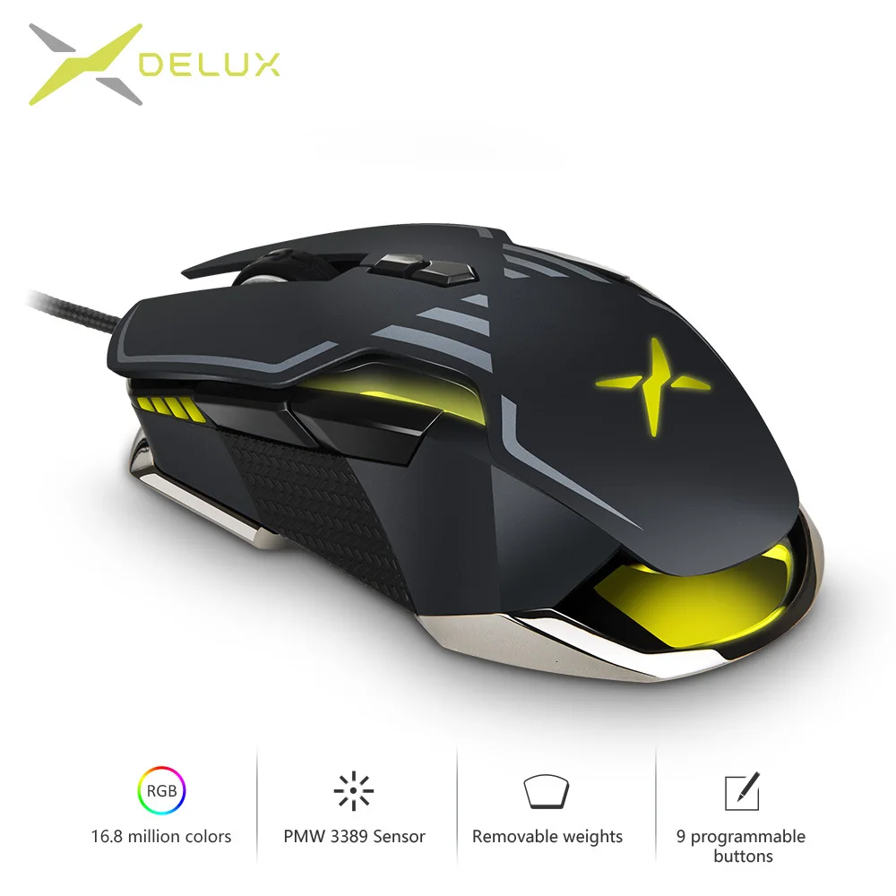 Delux M628 PMW3389 сенсор 16000 DPI игровая мышь 9 Кнопок RGB Проводная оптическая обе руки с