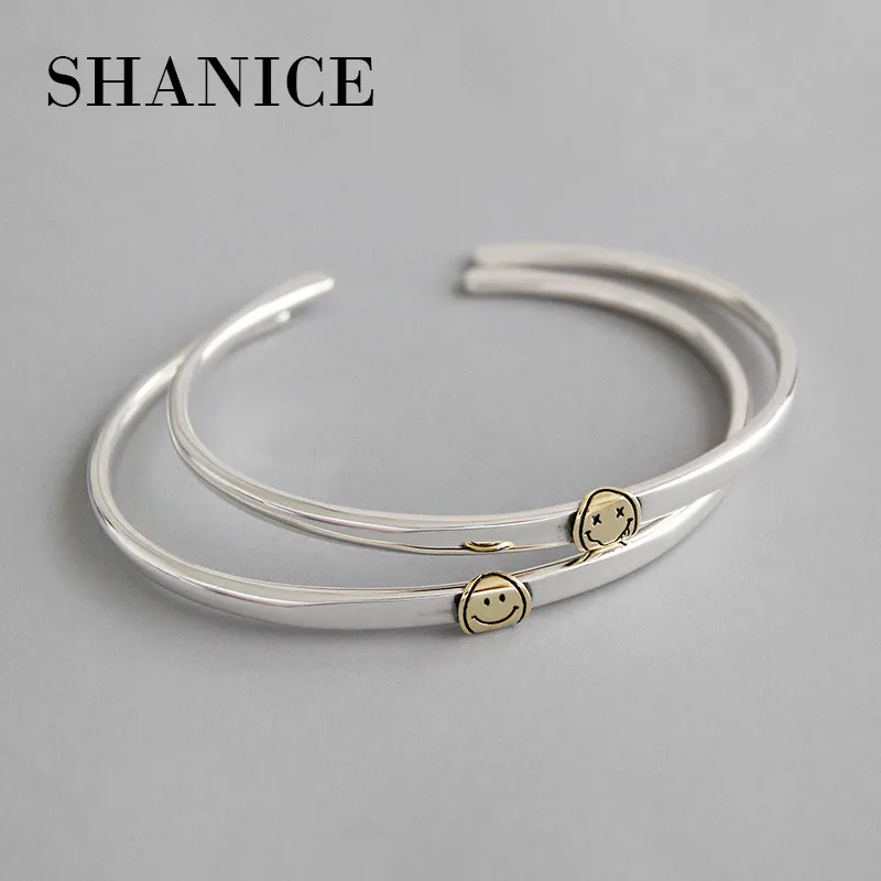 

SHANICE 925 sterling silver Bangles Jewelry Silver Bangles&Bracelet For Women INS personality simple smiley Srebrna bransoletka