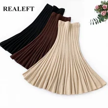 REALEFT осень-зима Для женщин Повседневное труба Юбка-миди Высокая Талия теплая вязаная элегантные сапоги до колена-Длина юбка-годе Офисные женские туфли