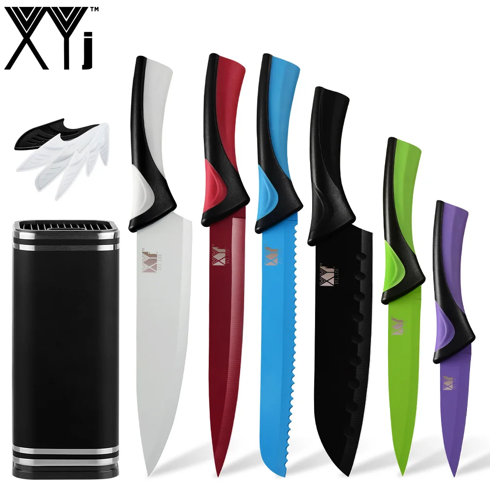 彩色塑料柄不锈钢6件套+8寸大号黑色橡塑钢筒刀座