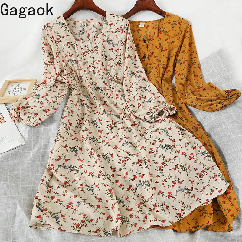 

Gagaok Women Dress Vintage 2020 Spring Autumn New Square Collar Puff Sleeve Button Print Chic Sweet Wild Female Fashion Dresses