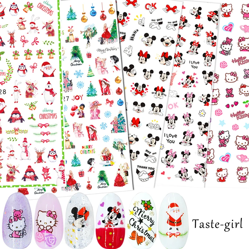 2 шт. 3D дизайн ногтей Рождество слайдер обертывания Снежинка лось Санта клей мультфильм кошка стикер Микки Маус маникюр Дизайн ногтей DIY