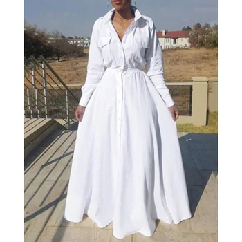 

OMILKA White Long Shirt Dress 2020 Spring Women Long Sleeve Collar Single Breasted Big Swing Plus Size Elegant Shirt Dress 4XL
