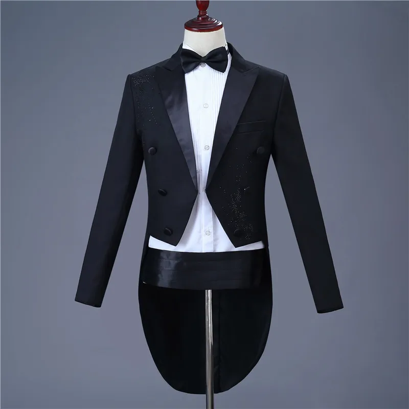 fashion men's classic tuxedo suit set slim up and down inlay diamond adorn black tuxedo prom party set(tail coat+belt+pant