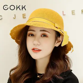 

COKK Knitted Bucket Hat Women Yellow Hat With Ribbon Bow Bucket Hats For Women Autumn Winter Hat Cap Gorras Fashion