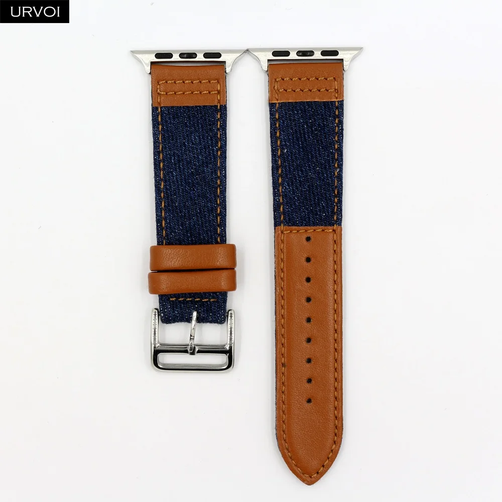 URVOI джинсовая лента для Apple Watch 5 4 3 2 1 кожа с джинсовым ремешком холст запястье для iwatch прочный conformable с адаптерами - Цвет ремешка: D blue Brown