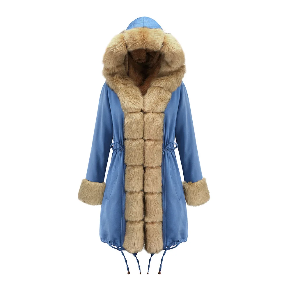 Зимнее женское пальто с большим шерстяным воротником, стиль, модные теплые женские пальто, повседневная куртка с капюшоном и камуфляжным принтом, пальто для женщин - Цвет: 19D017-BLUE