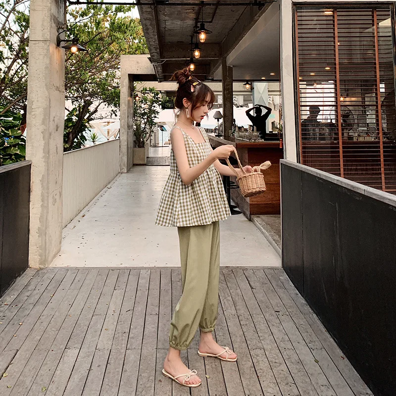 

Summer Wear Korean-style Two-Piece Set Western Style by Age Pants 2020 New Style Plaid Vest Leisure Suit WOMEN'S Dress