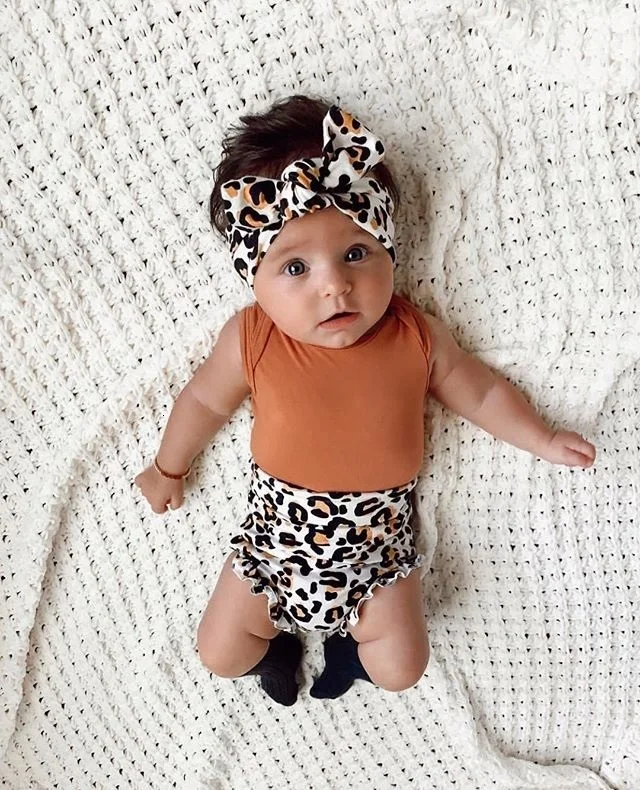 Kleinkind Baby myadchen Sommer Strampler Леопард kurze Hosen Stirnband наряды DE
