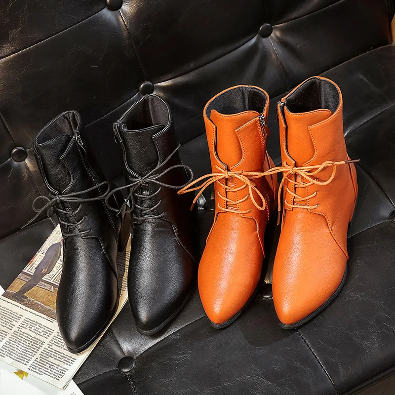 Martin Boots Women 2020 Autumn and Winter Women's Shoes Pointed Toe Lace-up Women's Boots Warm Short Boots