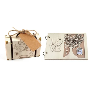 

50Pcs Mini Suitcase Kraft Candy Box Bonbonniere Wedding Gift Boxes & 1x Wedding Guestbook Wooden Wedding Guest Book