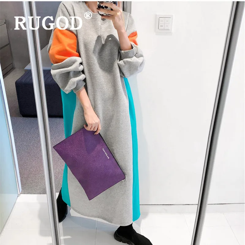  RUGOD 2019 New Women Stiching Sweatshirt Dress O-neck Contrast Color Loose Long Thicken Vestidos Ko