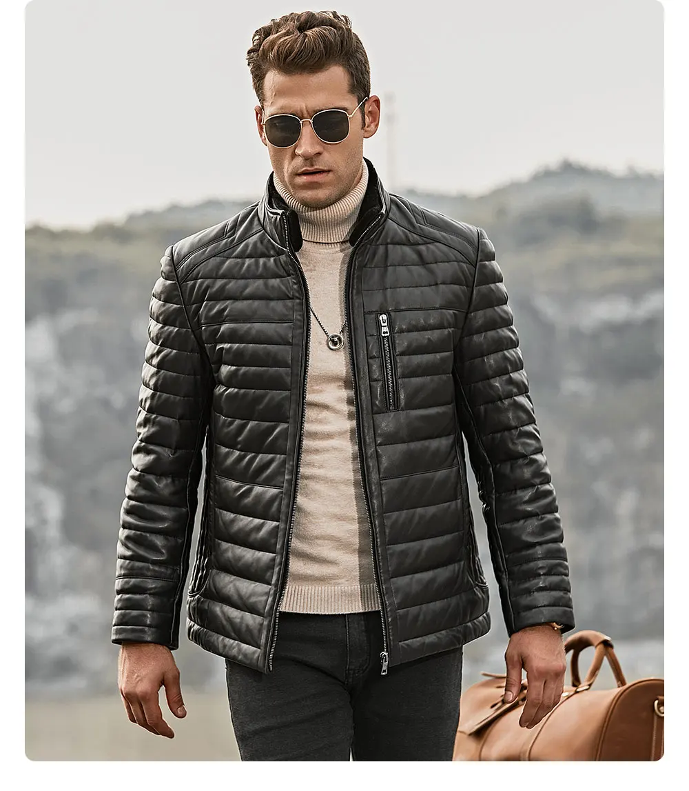 FLAVOR Men's Real Leather Down Jacket Men Genuine Lambskin Winter Warm Leather Coat with Removable Standing Sheep Fur Collar