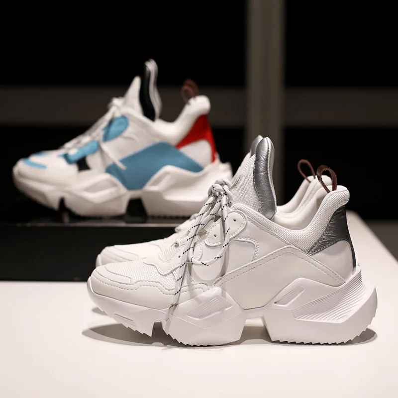 Genuine Leather Breathable Sport Fashion Women Running Shoes Height Increasing Outdoor Casual White Walking Ladies Sneakers