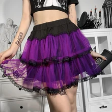

Gothic Woman Sexy High Waist Mesh Lace Purple Skirt Goth Dark Academia Stitching Color Y2K Pleated Skirt Grunge Girl Alt Clothes