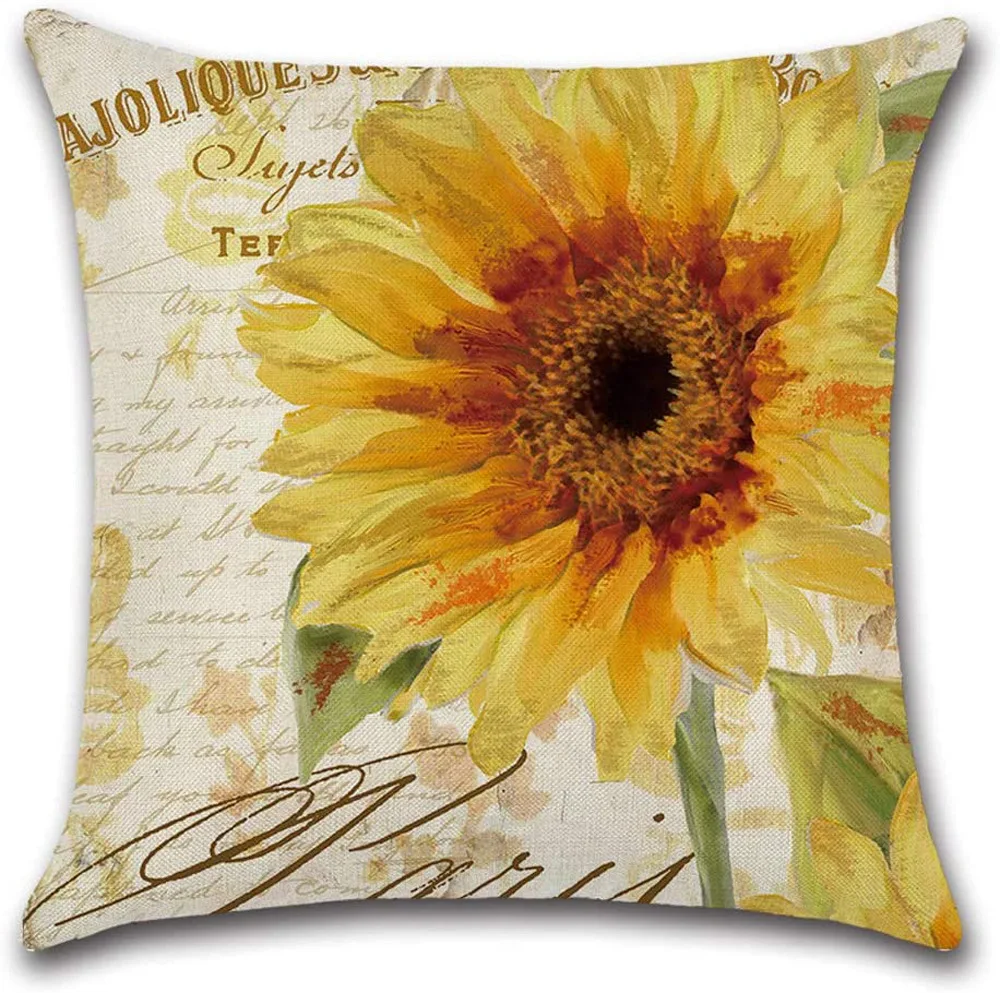 Rose Sunflower Cushion Yellow Floral Pillow Printed Throw Pillowcase for Home Sofa Car Decorative Pillows 18x18