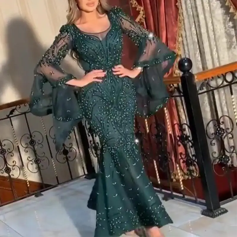 2022 New Arrival Green Sexy Party Wear Dress Long Sleeve Mermaid Prom Dress Sequin Beaded Lace Evening Dress
