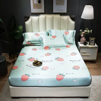 

3pcs/set Kids Bed Mat Set Summer Cool Foldable Strawberry Bed Fitted Sheet Pillowcase Ice Silky Mattress Protector Cover Set