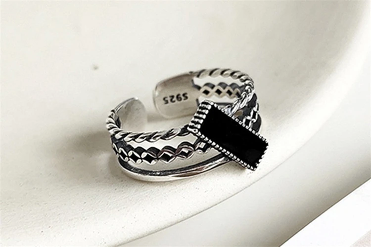 Новое поступление, горячая Распродажа 925 цельное серебряное Винтажное кольцо Двухслойное Ретро Черное глазурованное прямоугольное Регулируемое Кольцо классный подарок
