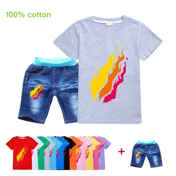 

Teenage Girls Clothes PRESTONPLAYZ Cotton Fashion Summer Shirt + Denim Shorts Toddler Boy Shirts O-neck Girl Set Kids Tops Suit