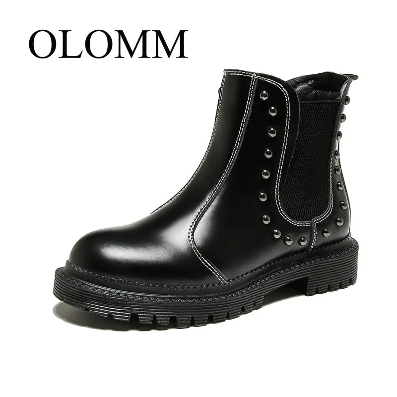 

OLOMM 2019 retro Martin boots patent leather Chelsea women's boots winter round head rivet leather high boots women AB-30