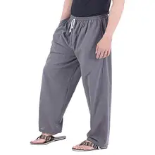 Мужская однотонная Спецодежда с карманами размера плюс, спортивная одежда для работы, повседневные брюки со средней талией, льняные свободные штаны для бега для мужчин