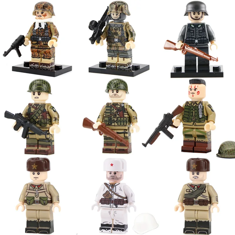 

WW2 Military Army Soldier Figures Building Blocks Legoed Military Army Figures Weapon gun Injured head minifigs Parts Bricks Toy